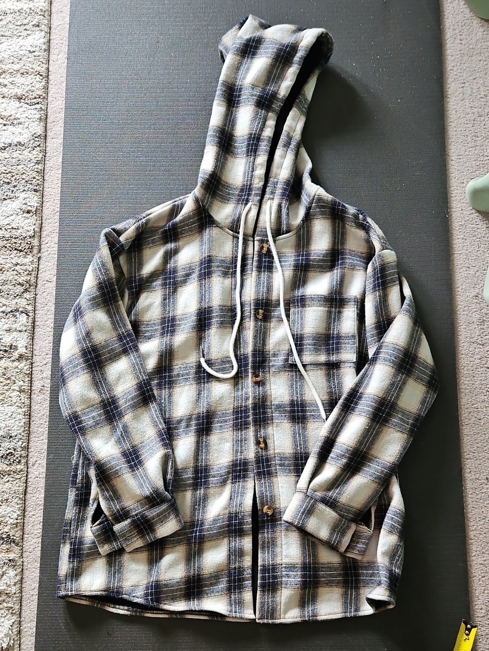 SHEIN Womens  Cream and Navy Plaid Hooded Shirt Jacket.  #166